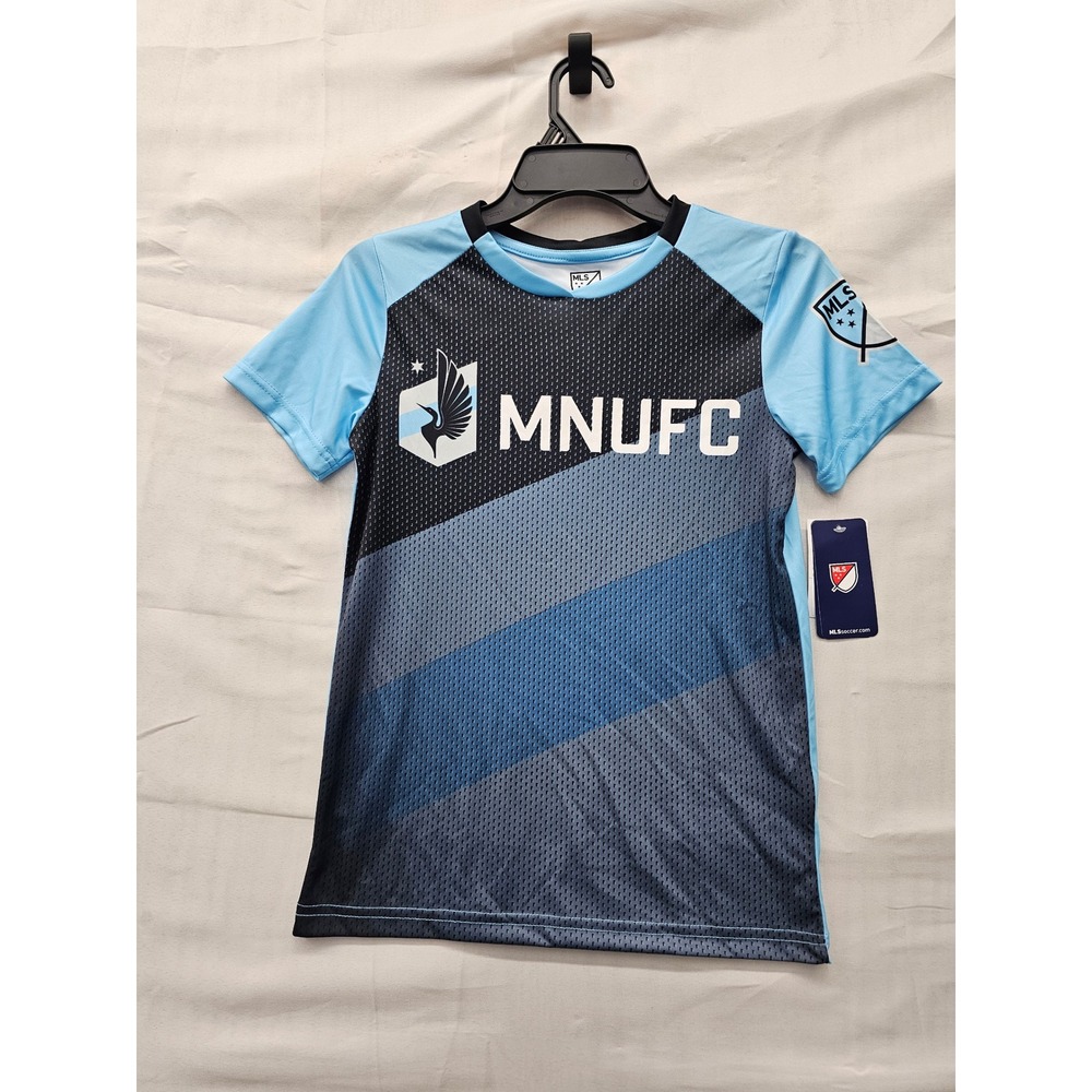 MLS Boys Minnesota United Soccer Jersey Blue Polyester Athletic Size Medium 8/10